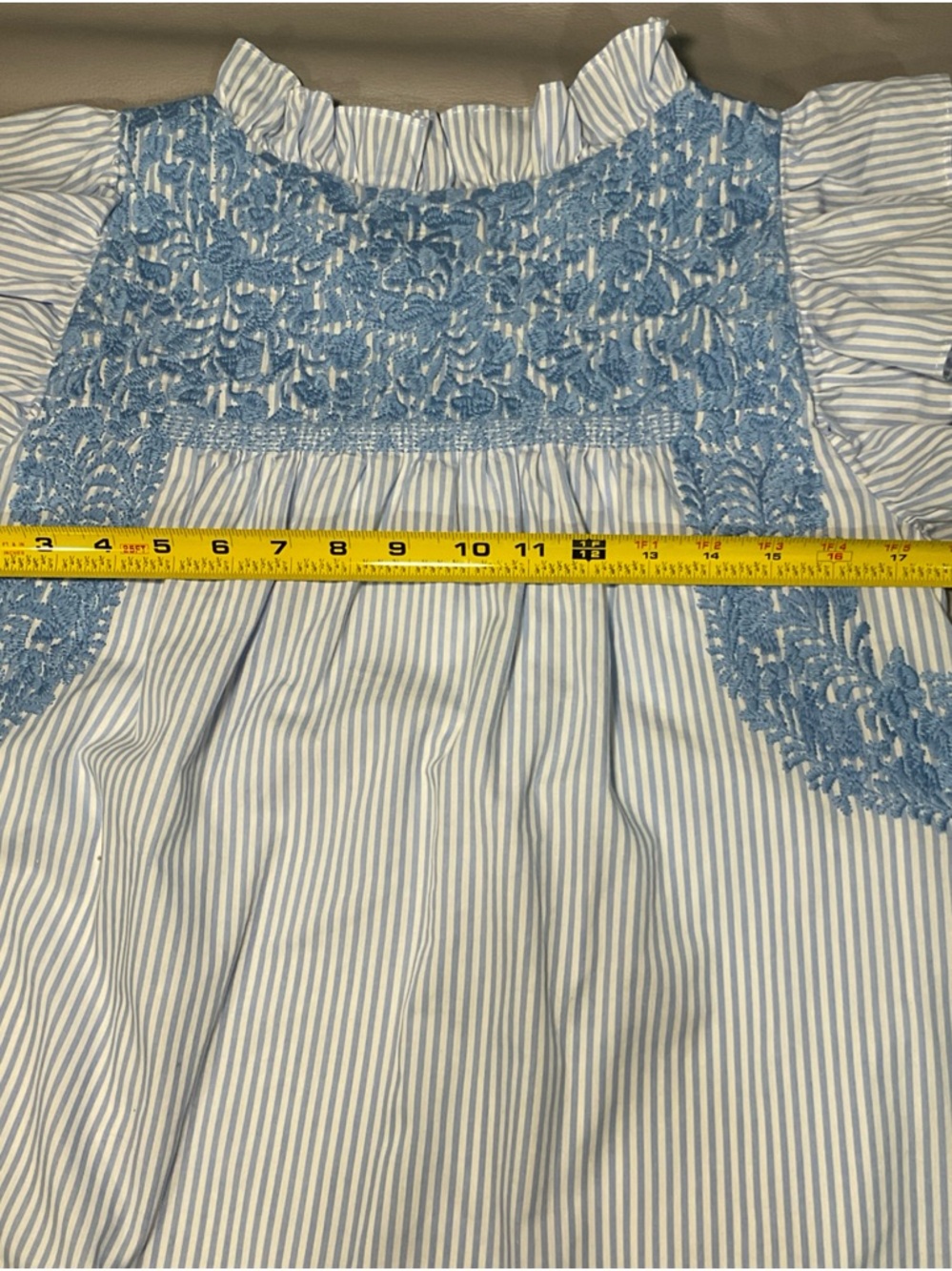 Light Blue Striped Ruffle Sleeve Blouse with Crochet Trim - Picture 6 of 7